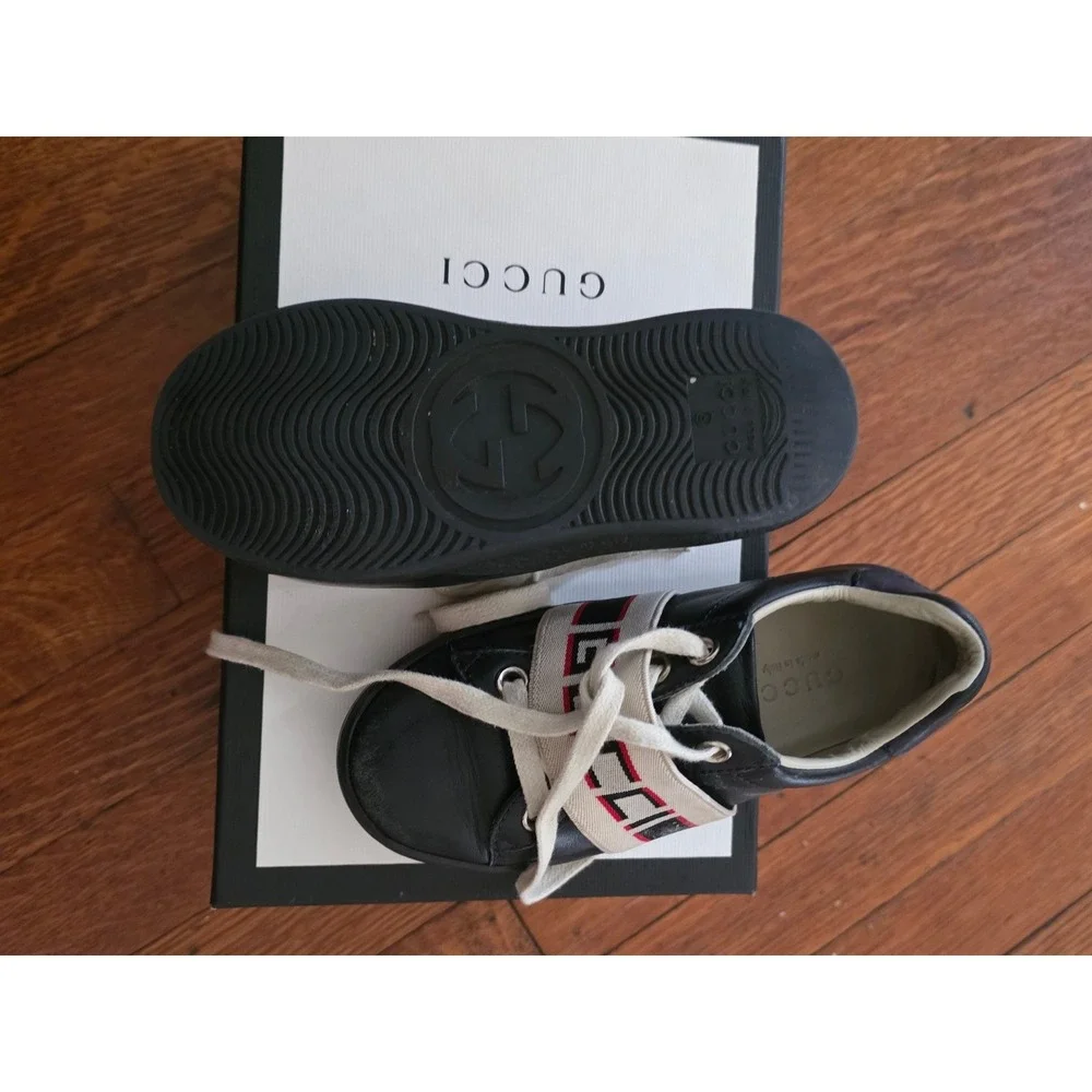 Gucci Ace Black Leather Logo Elastic Strap Sneakers Low Top Shoes‎ 523469